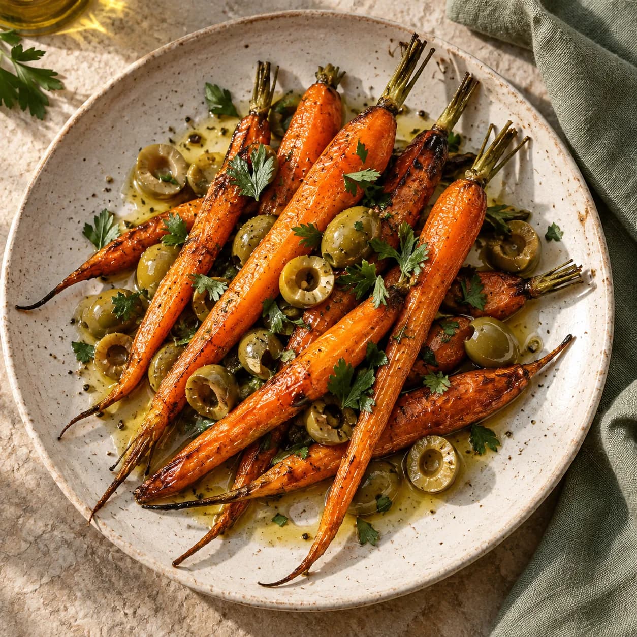 Carote arrosto con olive verdi snocciolate