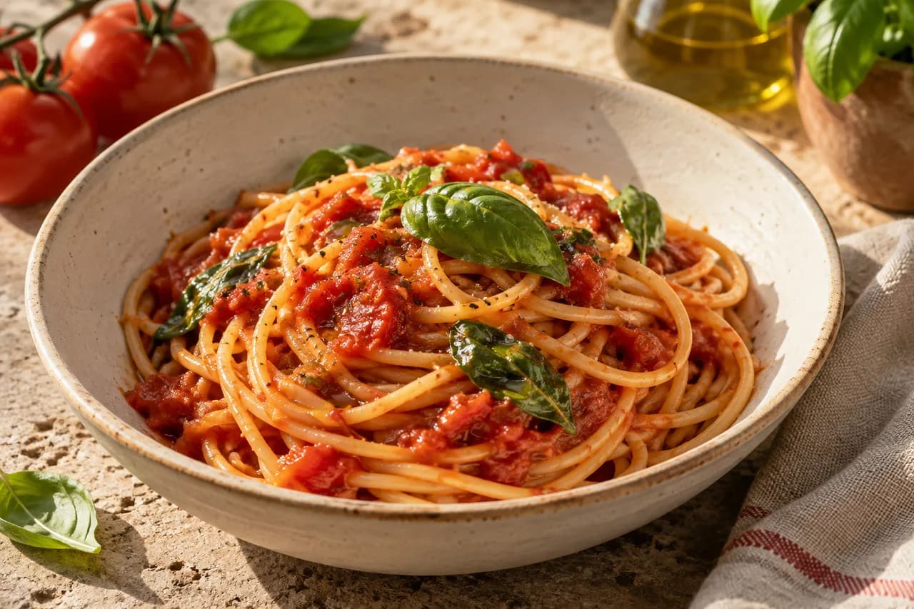 Espaguetis con tomate, albahaca y aceite de oliva