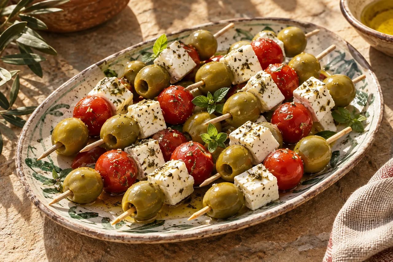 Spiedini con olive verdi snocciolate, primo sale e pomodorini