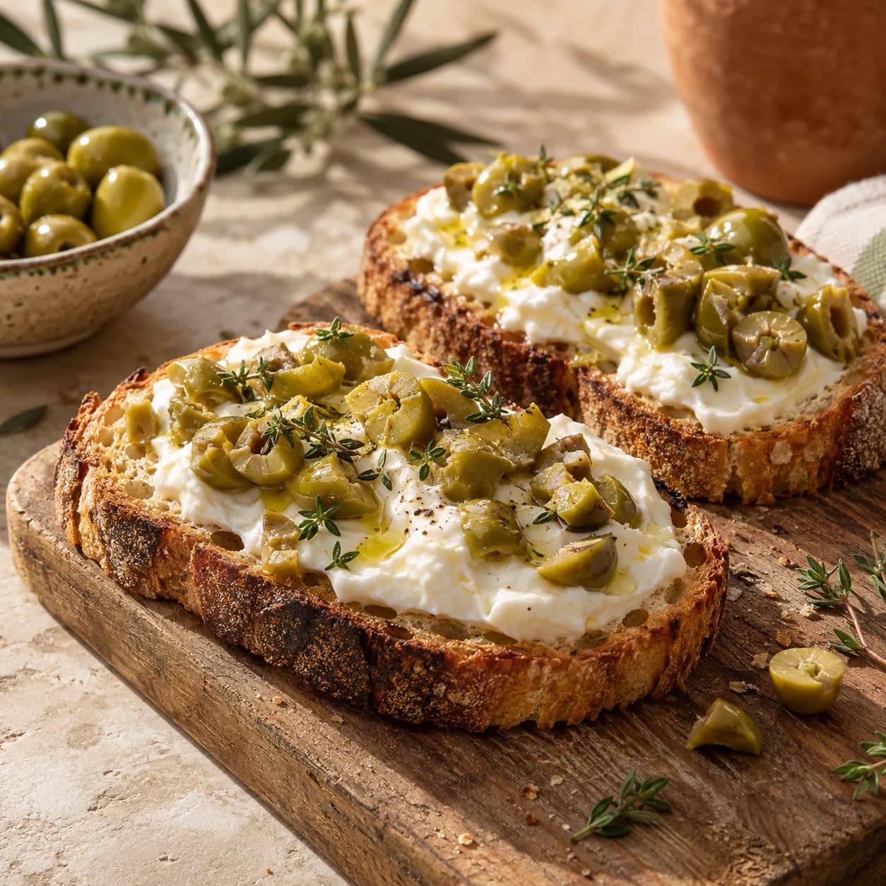 Pane tostato con stracchino e olive verdi tritate