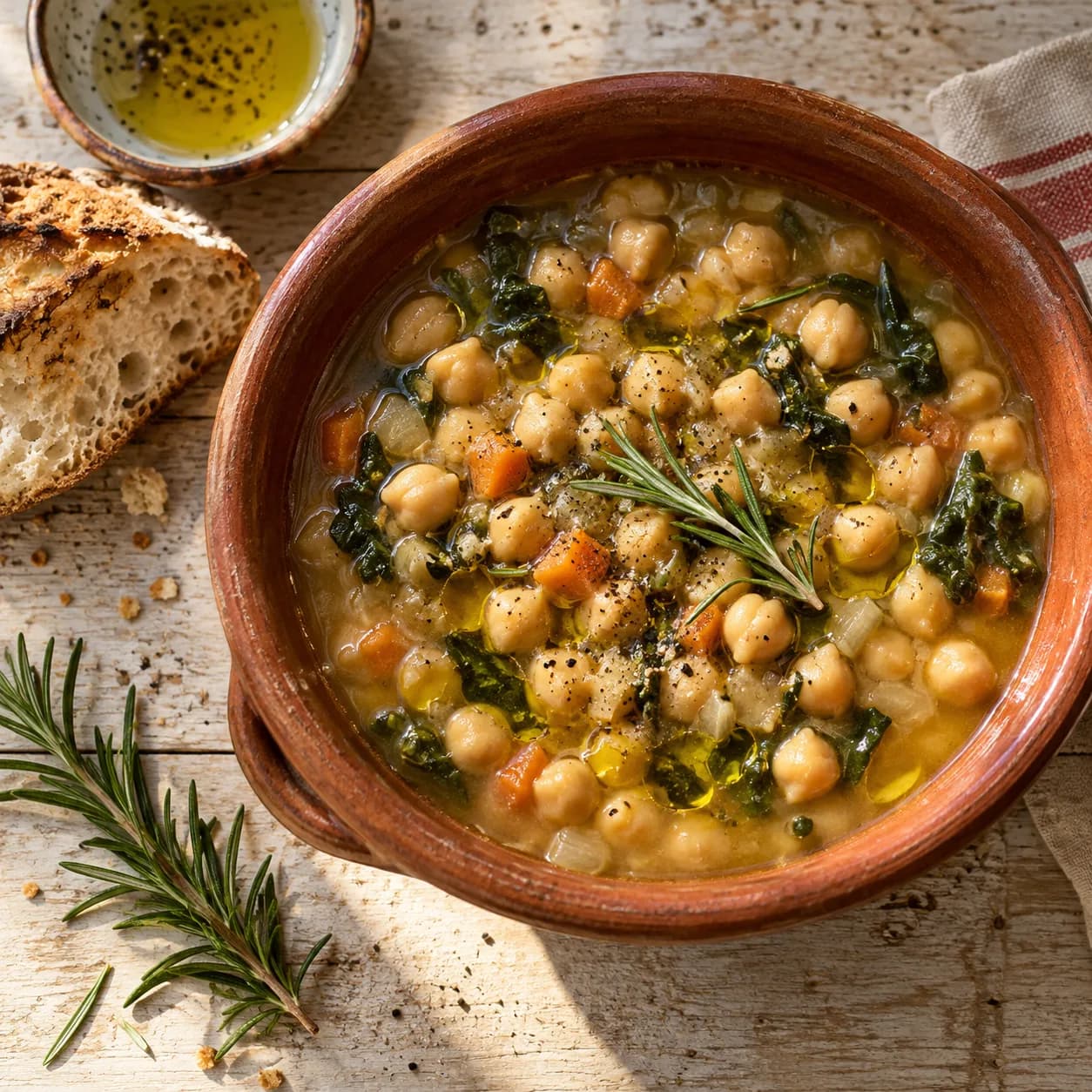 Sopa de garbanzos con romero, pan y aceite de oliva