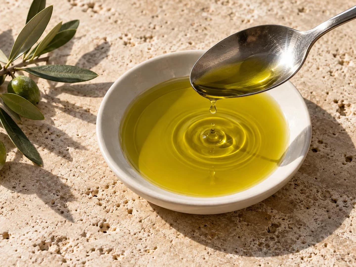 Huile d’olive vierge extra dans une petite coupelle, prête à déguster