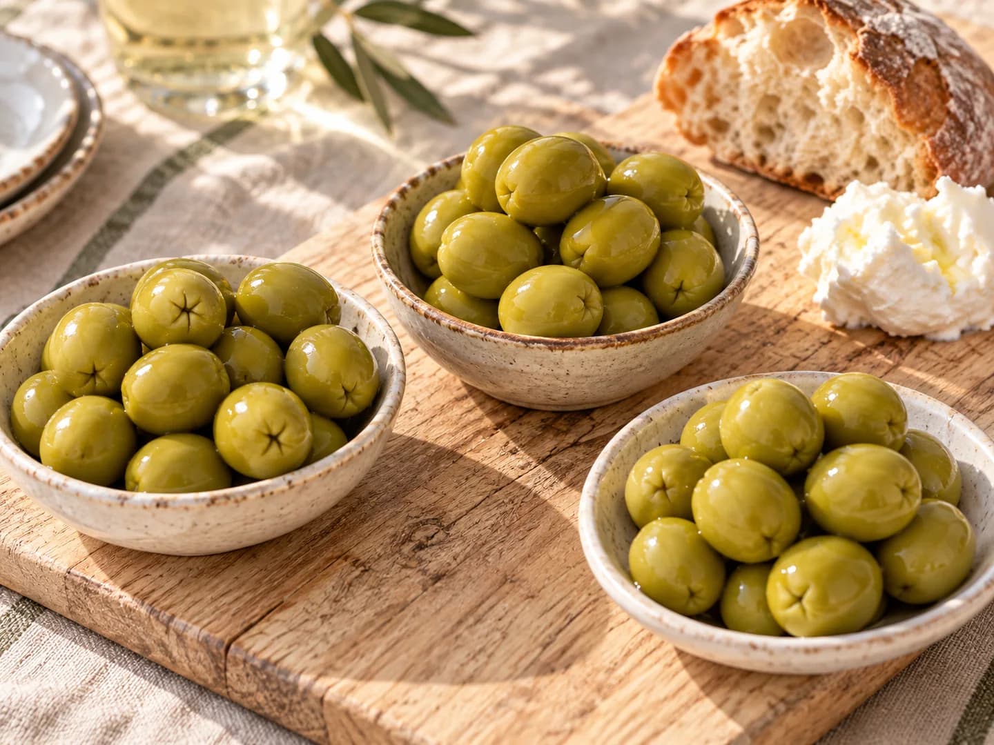 Olive verdi al centro di una tavola apparecchiata per l’aperitivo