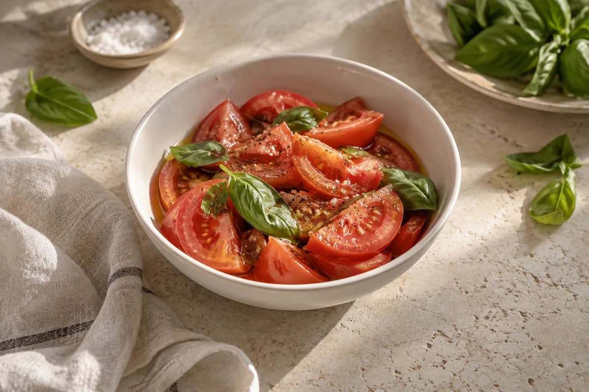 Tomates frescos y albahaca con aceite de oliva virgen extra