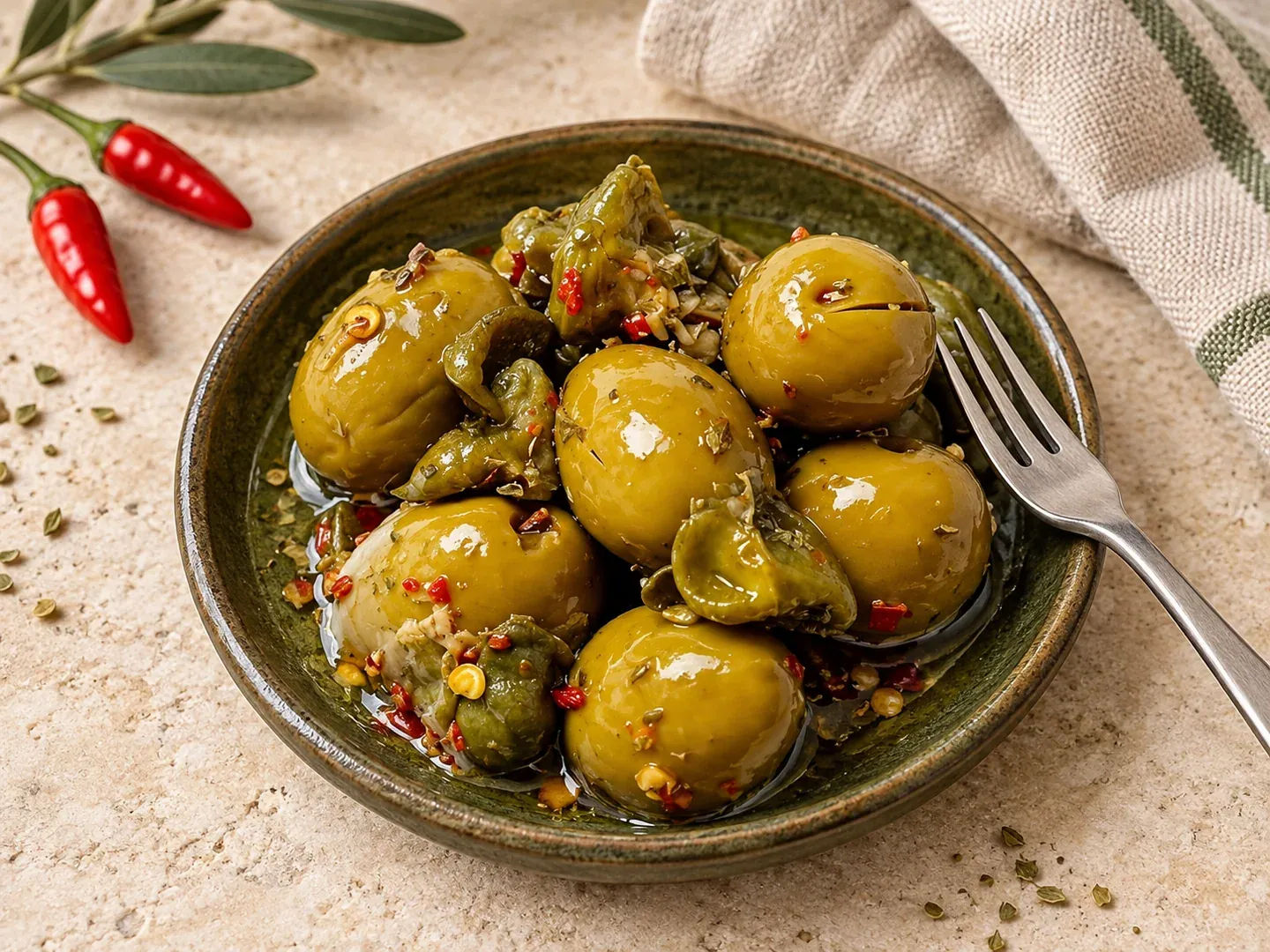 Spicy scored olives with capers and chili on a green plate