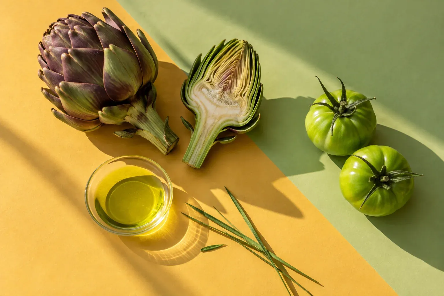 Artichoke, green tomatoes and olive oil on a yellow and green composition