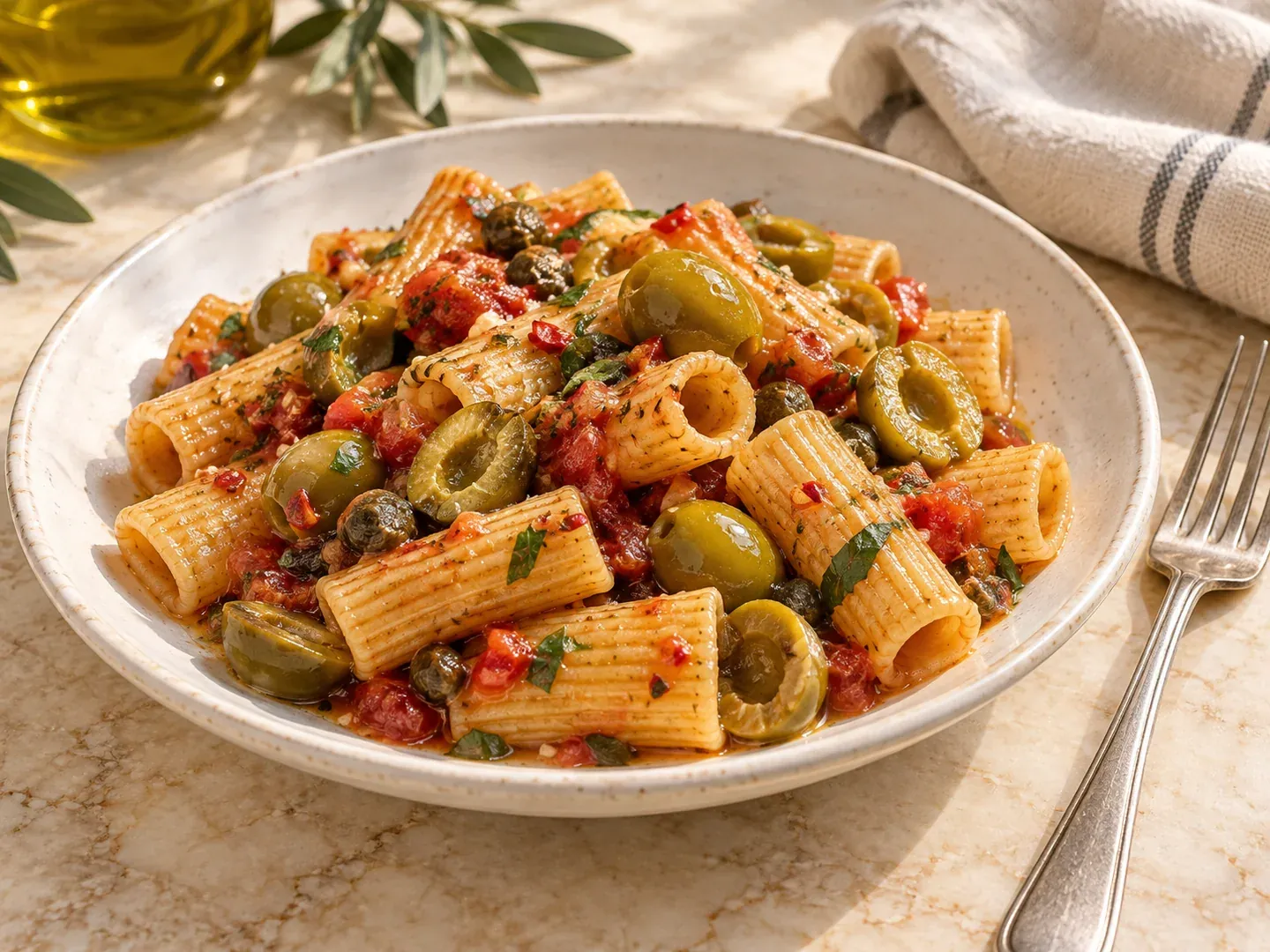 Serving suggestion: rigatoni with pitted olives, tomato, capers and chili