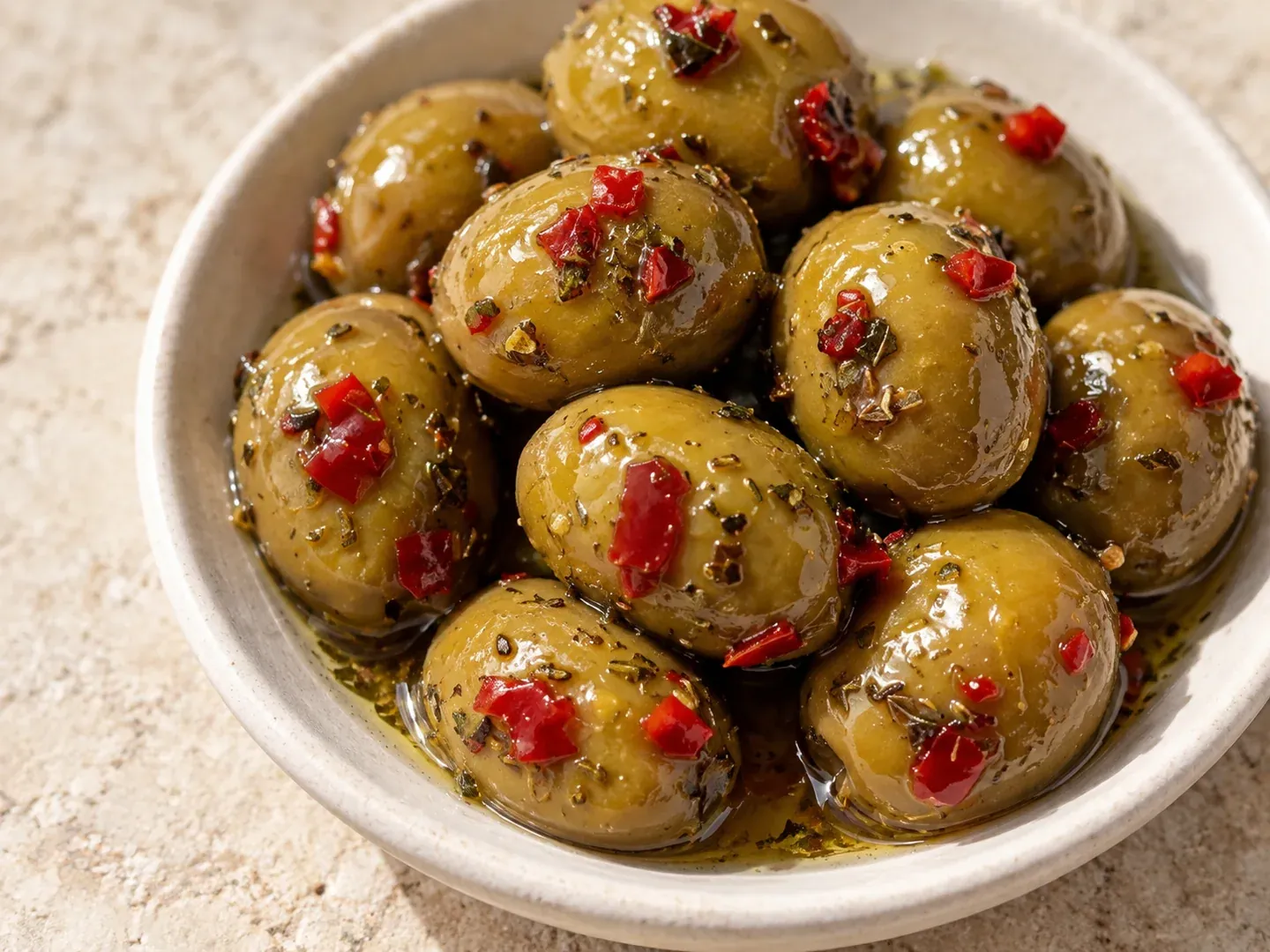 Dettaglio delle olive incise con erbe aromatiche e piccoli pezzi di peperoncino