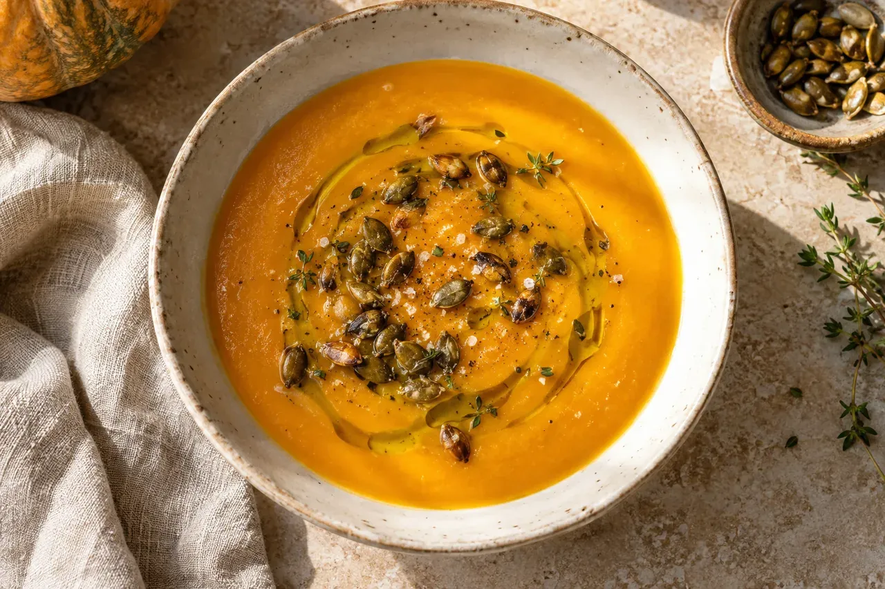Pumpkin soup with toasted seeds and olive oil